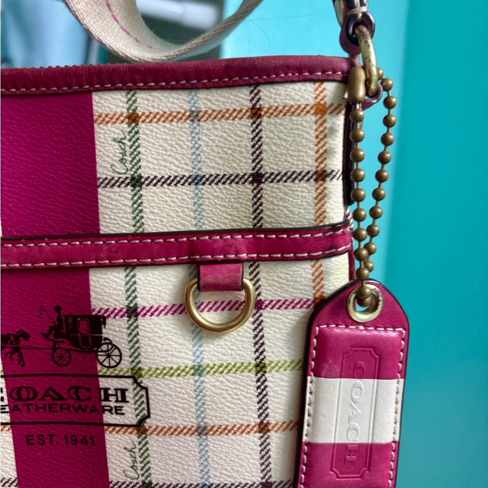 Coach Fuchsia and Cream Plaid Crossbody Bag - Picture 3 of 4